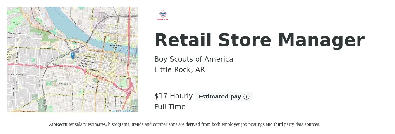 Boy Scouts of America job posting for a Retail Store Manager in Little Rock, AR with a salary of $18 Hourly with a map of Little Rock location.