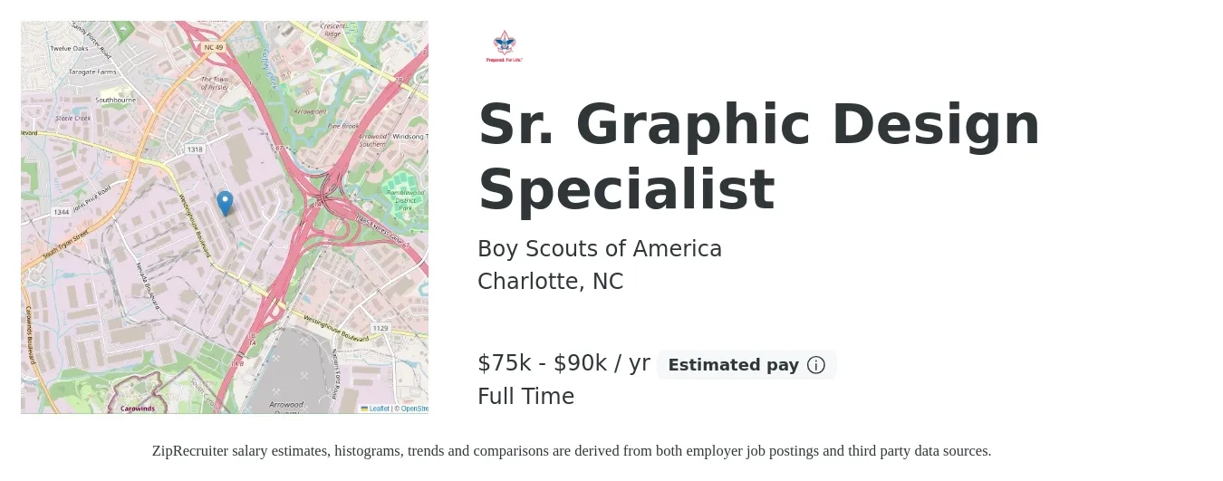 Boy Scouts of America job posting for a Sr. Graphic Design Specialist in Charlotte, NC with a salary of $75,000 to $90,000 Yearly with a map of Charlotte location.
