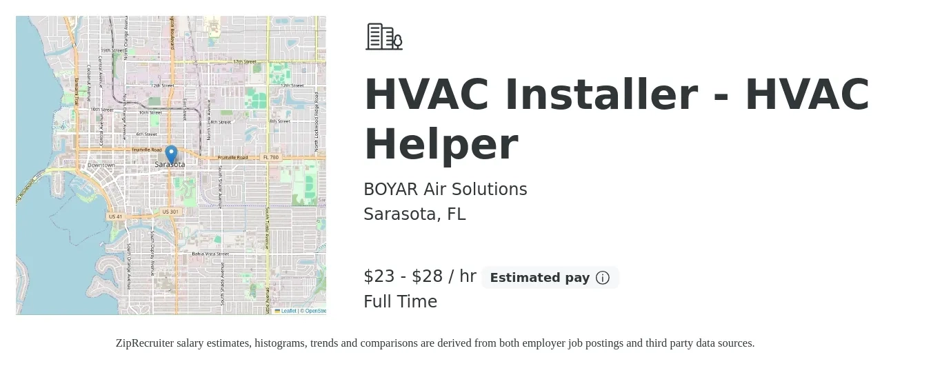 BOYAR Air Solutions job posting for a HVAC Installer - HVAC Helper in Sarasota, FL with a salary of $24 to $30 Hourly with a map of Sarasota location.