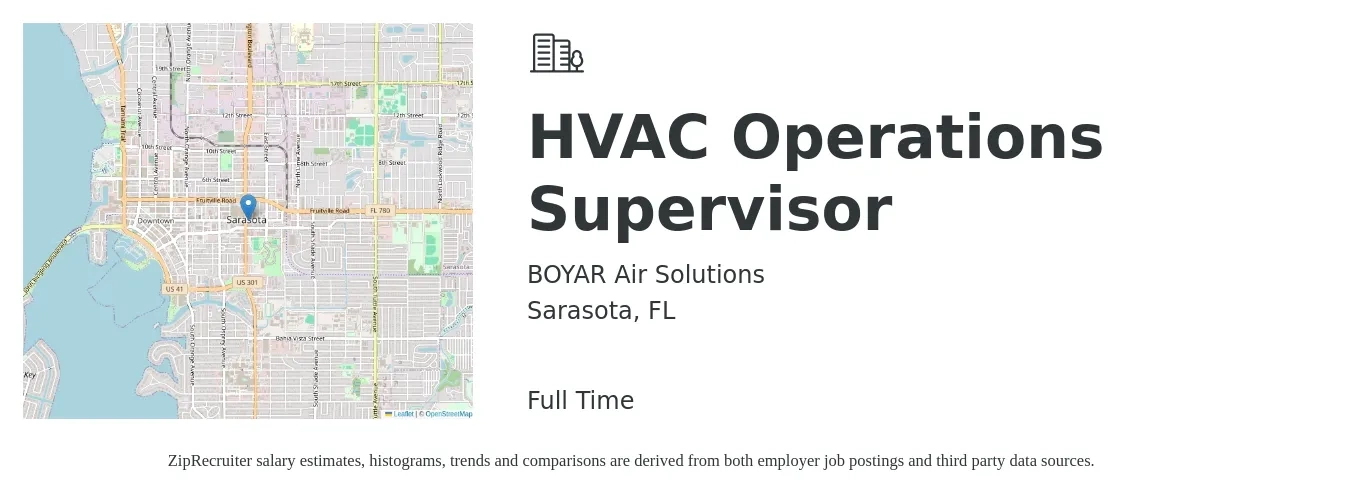 BOYAR Air Solutions job posting for a HVAC Operations Supervisor in Sarasota, FL with a salary of $39,500 to $74,700 Yearly with a map of Sarasota location.