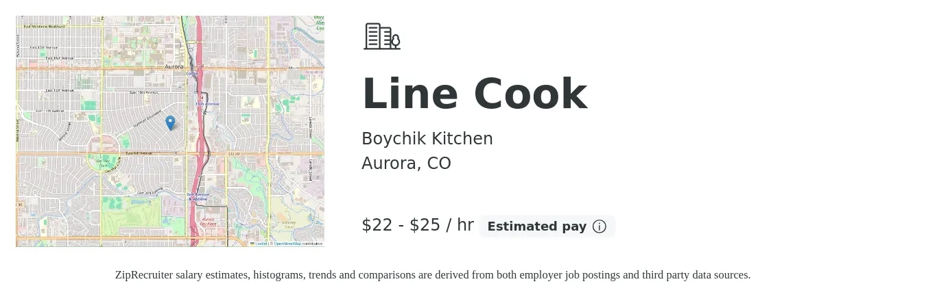 Boychik Kitchen job posting for a Line Cook in Aurora, CO with a salary of $23 to $27 Hourly with a map of Aurora location.