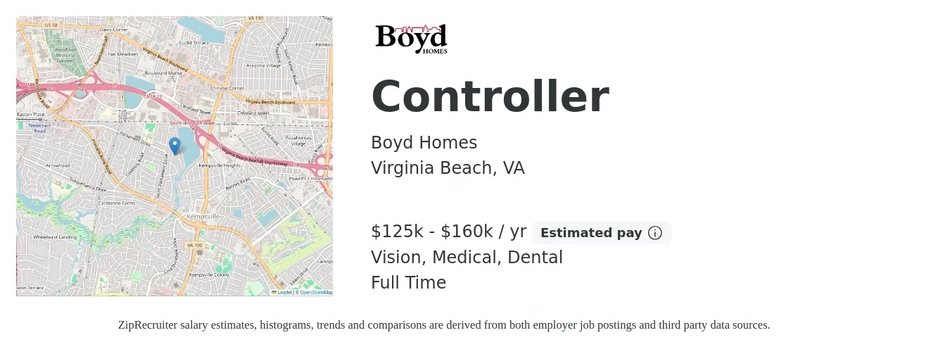 Boyd Homes job posting for a Controller in Virginia Beach, VA with a salary of $125,000 to $160,000 Yearly and benefits including vision, dental, life_insurance, medical, pto, and retirement with a map of Virginia Beach location.