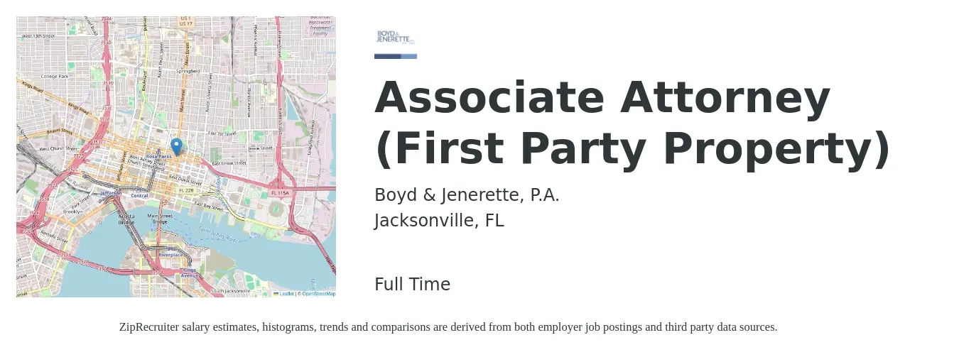 Boyd & Jenerette, P.A. job posting for a Associate Attorney (First Party Property) in Jacksonville, FL with a salary of $74,200 to $120,600 Yearly with a map of Jacksonville location.