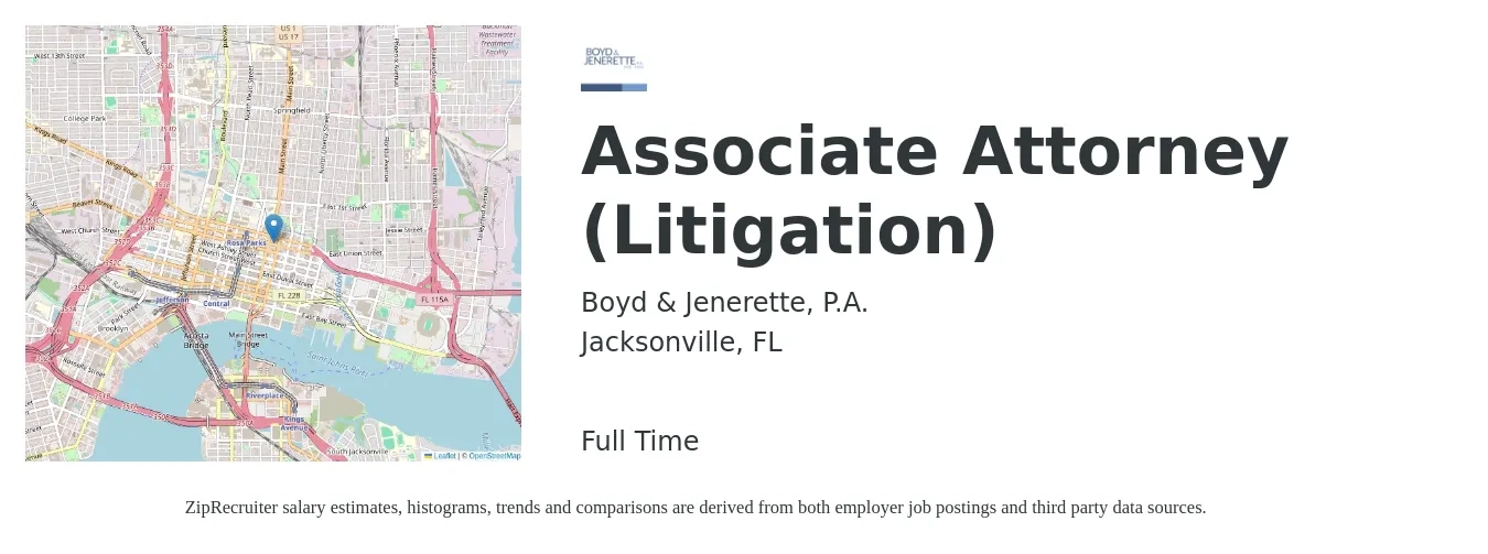 Boyd & Jenerette, P.A. job posting for a Associate Attorney (Litigation) in Jacksonville, FL with a salary of $92,300 to $139,100 Yearly with a map of Jacksonville location.