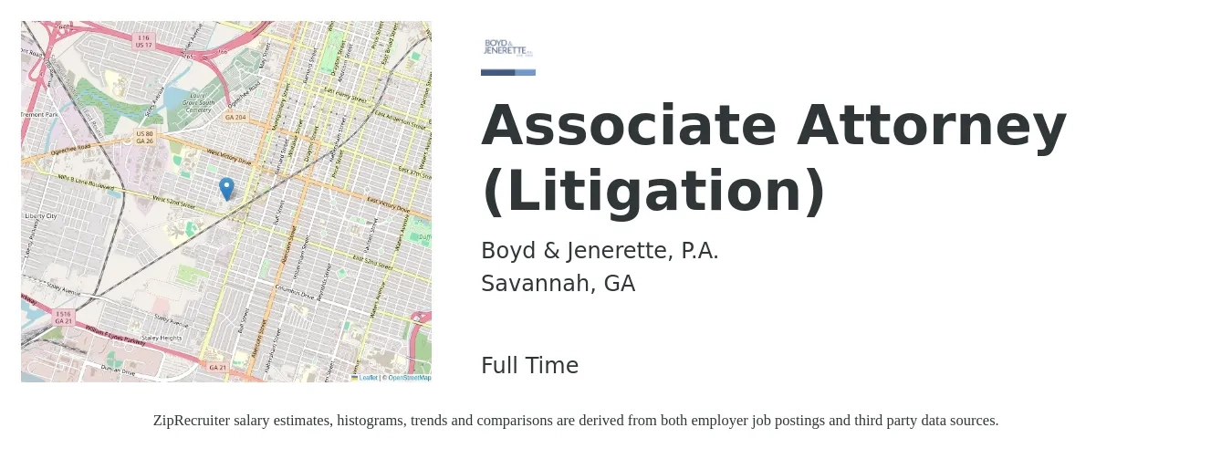 Boyd & Jenerette, P.A. job posting for a Associate Attorney (Litigation) in Savannah, GA with a salary of $92,700 to $139,700 Yearly with a map of Savannah location.