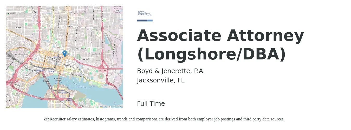 Boyd & Jenerette, P.A. job posting for a Associate Attorney (Longshore/DBA) in Jacksonville, FL with a salary of $74,200 to $120,600 Yearly with a map of Jacksonville location.