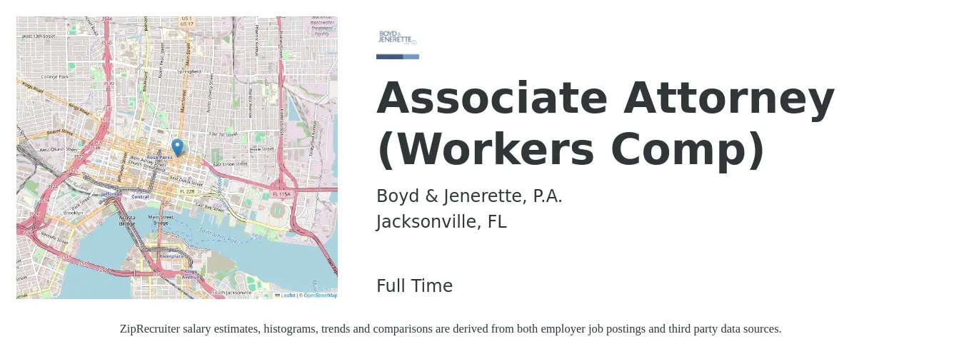 Boyd & Jenerette, P.A. job posting for a Associate Attorney (Workers Comp) in Jacksonville, FL with a salary of $74,200 to $120,600 Yearly with a map of Jacksonville location.