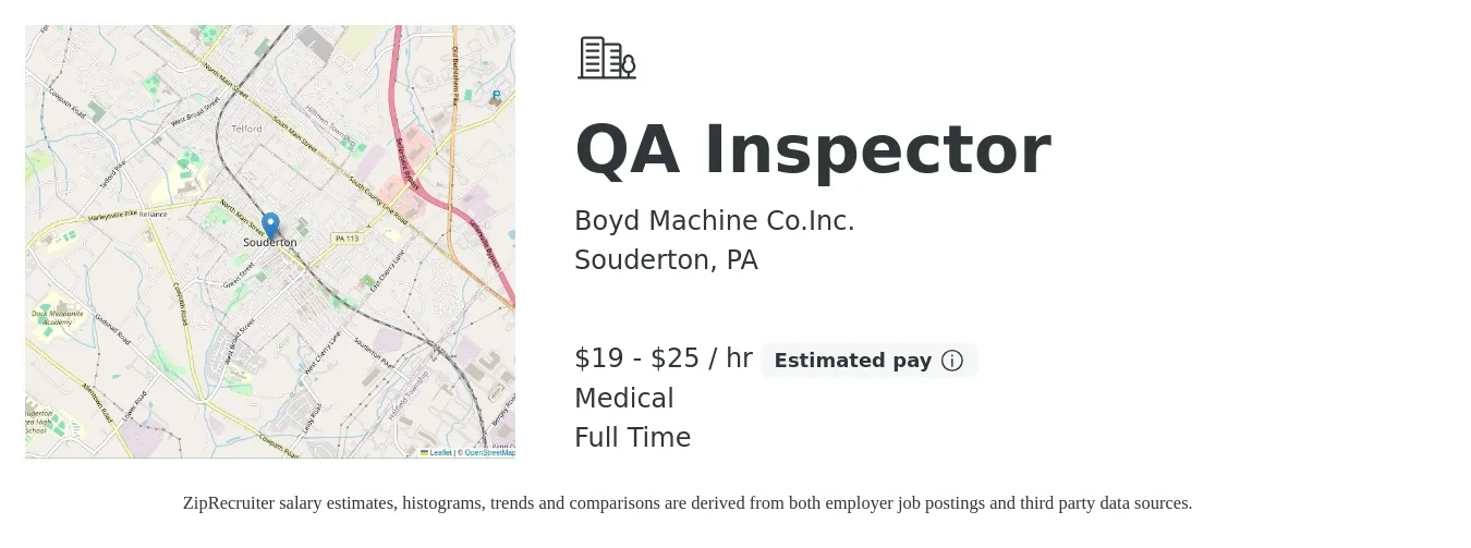 Boyd Machine Co.Inc. job posting for a QA Inspector in Souderton, PA with a salary of $20 to $26 Hourly and benefits including medical with a map of Souderton location.