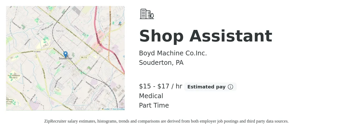 Boyd Machine Co.Inc. job posting for a Shop Assistant in Souderton, PA with a salary of $16 to $18 Hourly and benefits including medical with a map of Souderton location.
