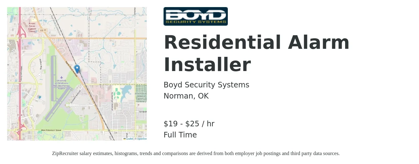 Boyd Security Systems job posting for a Residential Alarm Installer in Norman, OK with a salary of $20 to $26 Hourly with a map of Norman location.
