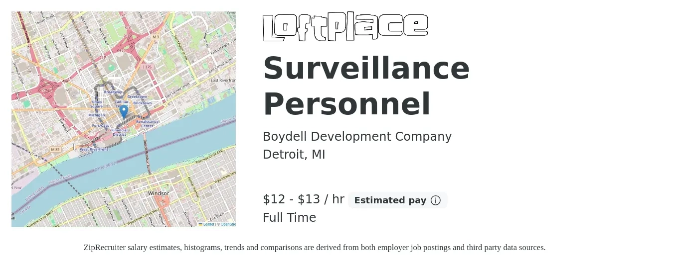 Boydell Development Company job posting for a Surveillance Personnel in Detroit, MI with a salary of $13 to $14 Hourly with a map of Detroit location.