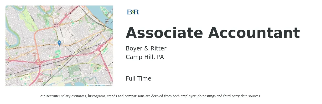 Boyer & Ritter job posting for a Associate Accountant in Camp Hill, PA with a salary of $46,900 to $63,700 Yearly with a map of Camp Hill location.