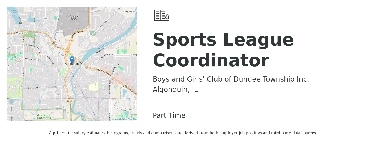 Boys and Girls' Club of Dundee Township Inc. job posting for a Sports League Coordinator in Algonquin, IL with a salary of $20 to $30 Hourly with a map of Algonquin location.