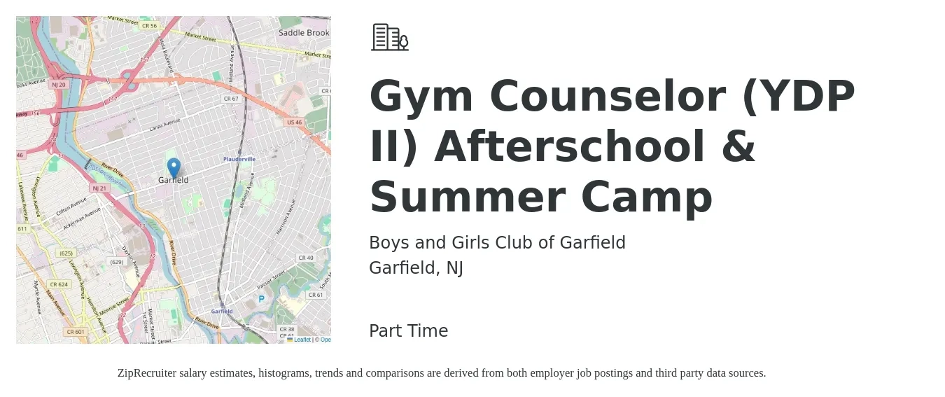 Boys and Girls Club of Garfield job posting for a Gym Counselor (YDP II) Afterschool & Summer Camp in Garfield, NJ with a salary of $16 Hourly with a map of Garfield location.