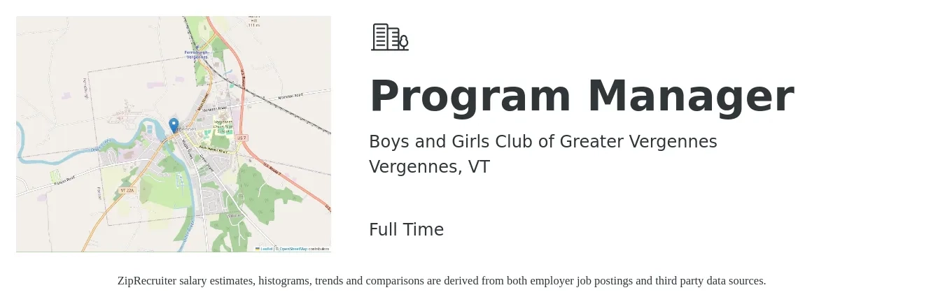 Boys and Girls Club of Greater Vergennes job posting for a Program Manager in Vergennes, VT with a salary of $20 to $24 Hourly with a map of Vergennes location.