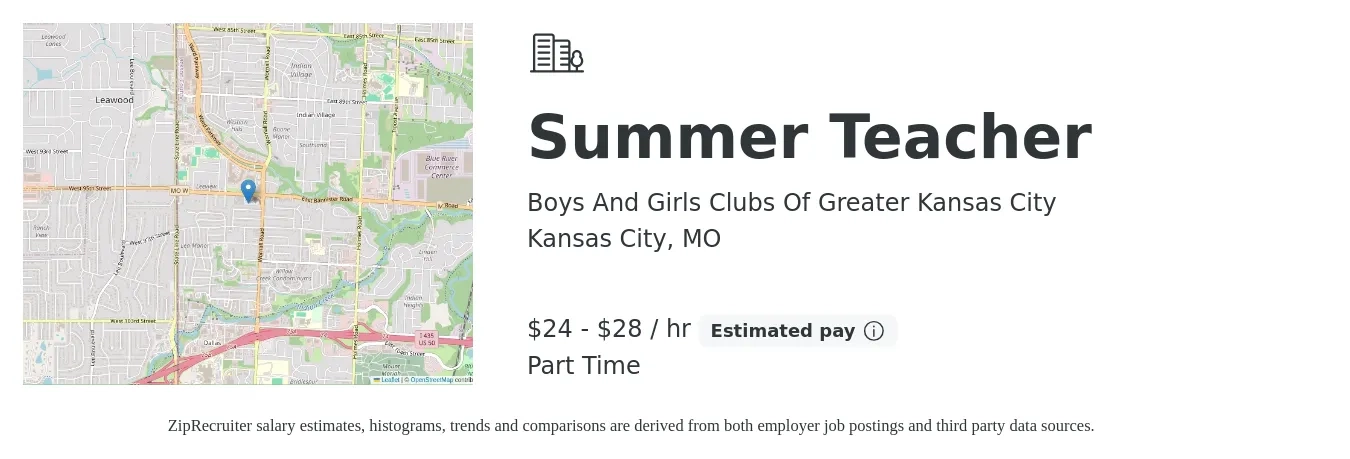 Boys And Girls Clubs Of Greater Kansas City job posting for a Summer Teacher in Kansas City, MO with a salary of $25 to $30 Hourly with a map of Kansas City location.