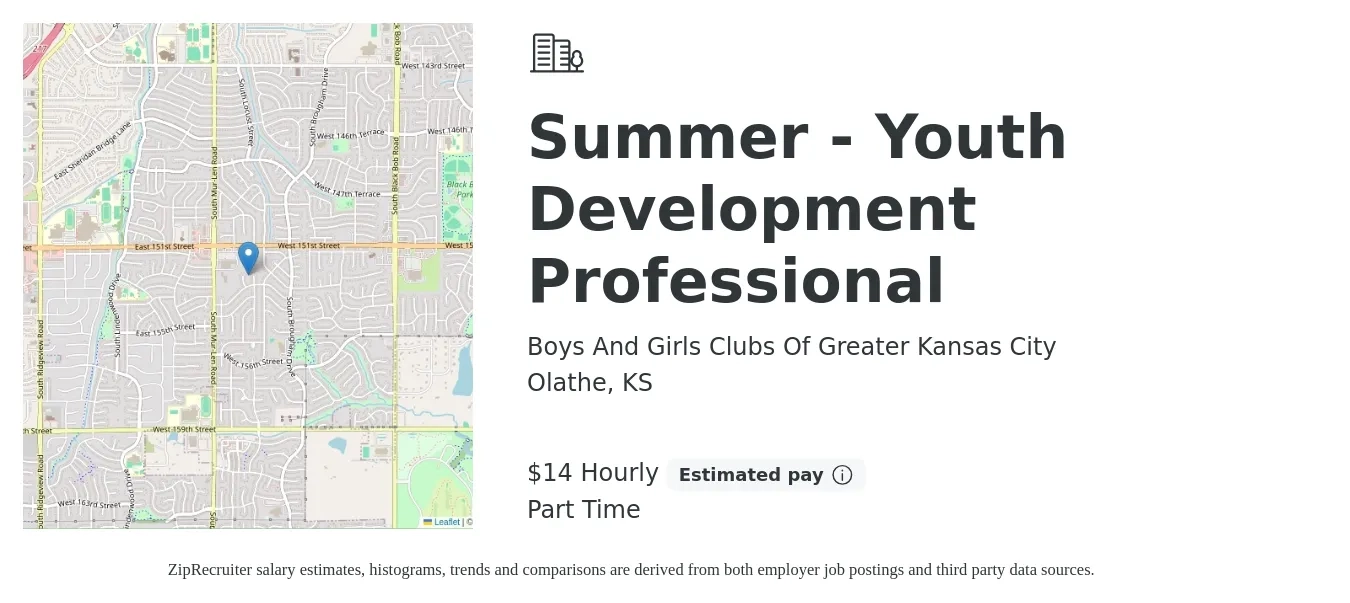 Boys And Girls Clubs Of Greater Kansas City job posting for a Summer - Youth Development Professional in Olathe, KS with a salary of $15 Hourly with a map of Olathe location.