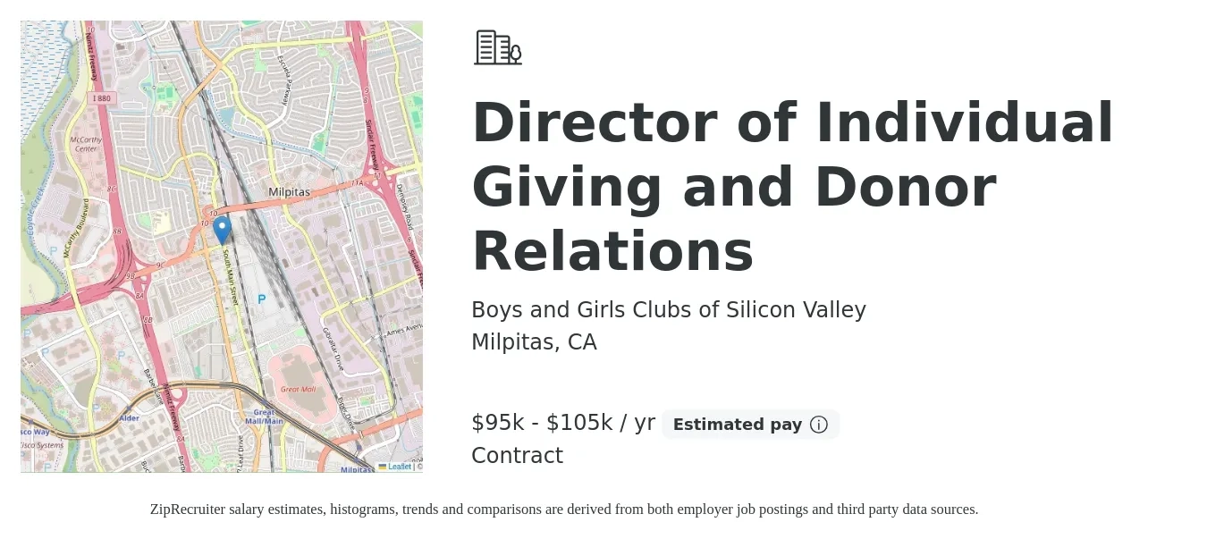 Boys and Girls Clubs of Silicon Valley job posting for a Director of Individual Giving and Donor Relations in Milpitas, CA with a salary of $95,000 to $105,000 Yearly with a map of Milpitas location.