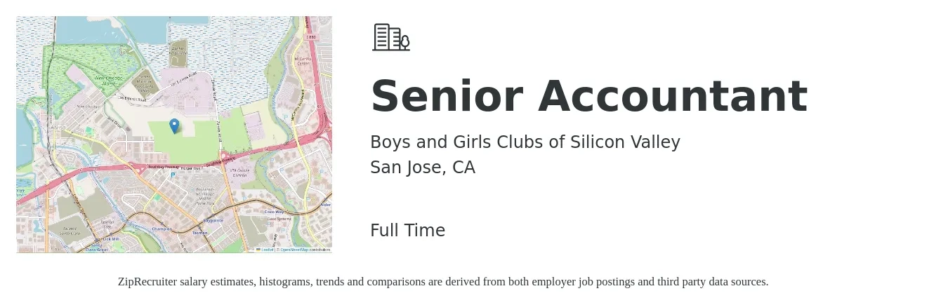 Boys and Girls Clubs of Silicon Valley job posting for a Senior Accountant in San Jose, CA with a salary of $86,700 to $108,900 Yearly with a map of San Jose location.