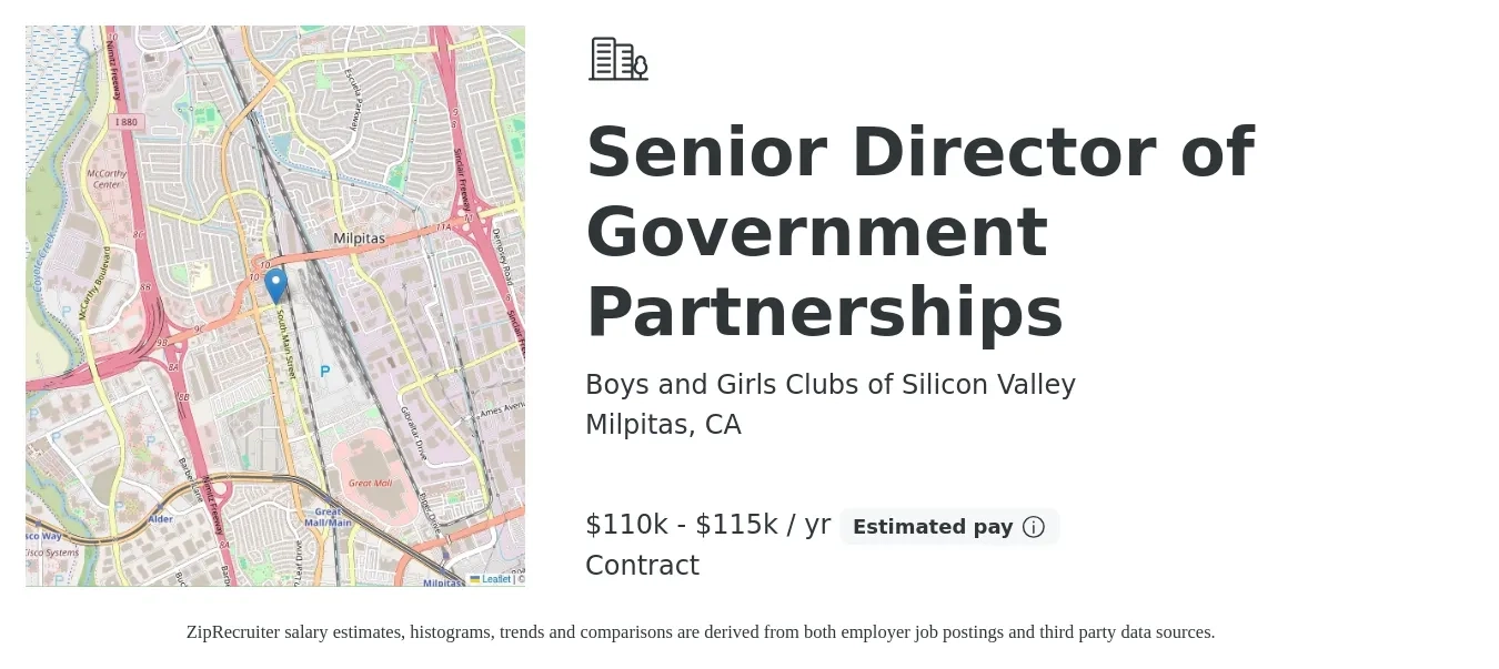 Boys and Girls Clubs of Silicon Valley job posting for a Senior Director of Government Partnerships in Milpitas, CA with a salary of $110,000 to $115,000 Yearly with a map of Milpitas location.