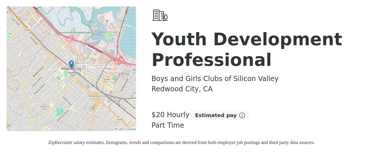 Boys and Girls Clubs of Silicon Valley job posting for a Youth Development Professional in Redwood City, CA with a salary of $18 to $24 Hourly with a map of Redwood City location.
