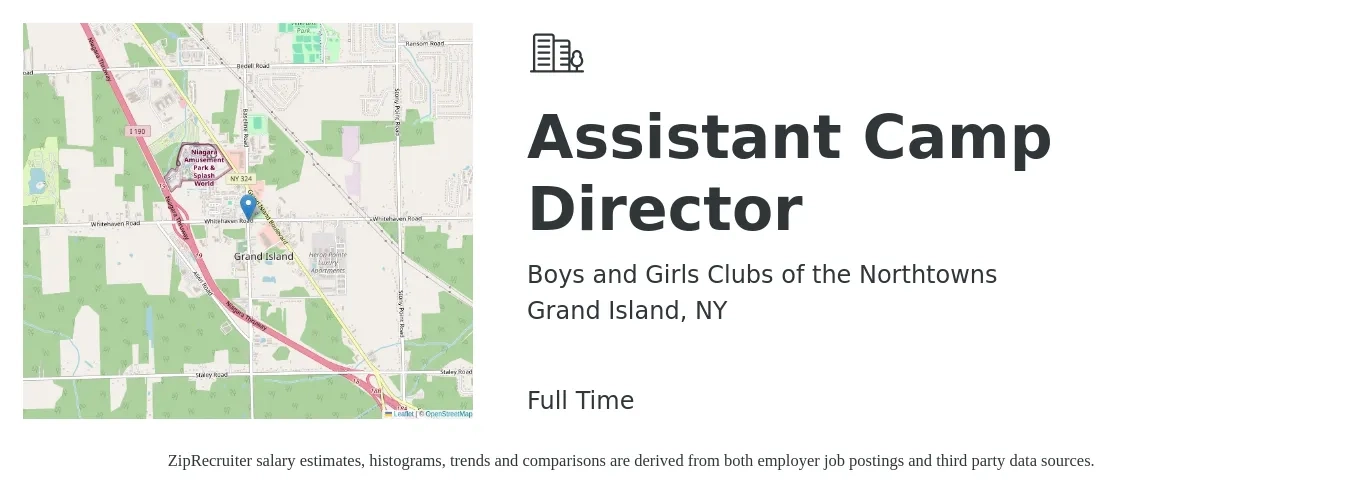 Boys and Girls Clubs of the Northtowns job posting for a Assistant Camp Director in Grand Island, NY with a salary of $42,000 to $84,600 Yearly with a map of Grand Island location.