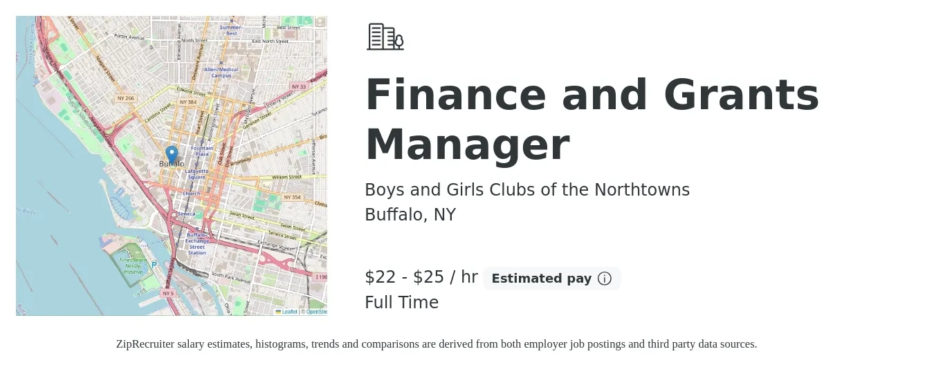 Boys and Girls Clubs of the Northtowns job posting for a Finance and Grants Manager in Buffalo, NY with a salary of $23 to $27 Hourly with a map of Buffalo location.