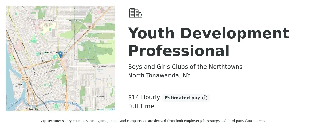 Boys and Girls Clubs of the Northtowns job posting for a Youth Development Professional in North Tonawanda, NY with a salary of $15 Hourly with a map of North Tonawanda location.