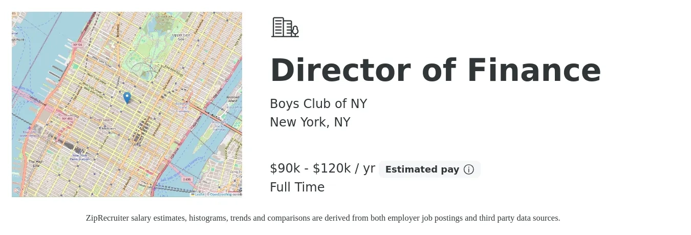 Boys Club of NY job posting for a Director of Finance in New York, NY with a salary of $90,000 to $120,000 Yearly with a map of New York location.