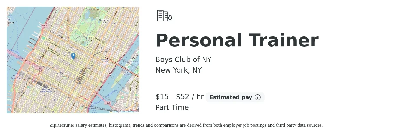 Boys Club of NY job posting for a Personal Trainer in New York, NY with a salary of $16 to $55 Hourly with a map of New York location.