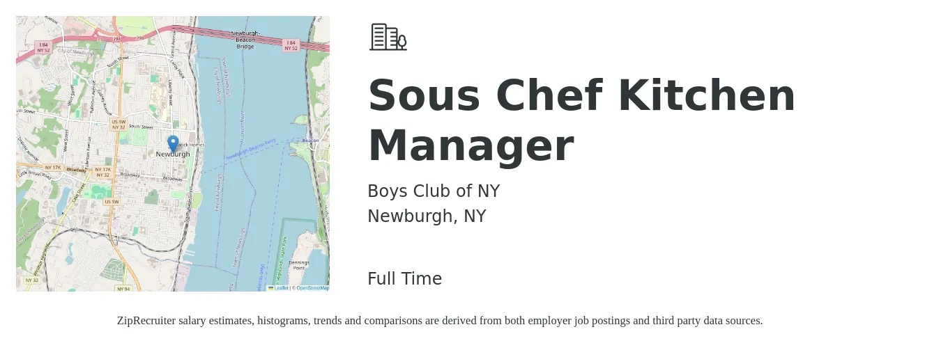 Boys Club of NY job posting for a Sous Chef Kitchen Manager in Newburgh, NY with a salary of $10,000 Monthly with a map of Newburgh location.