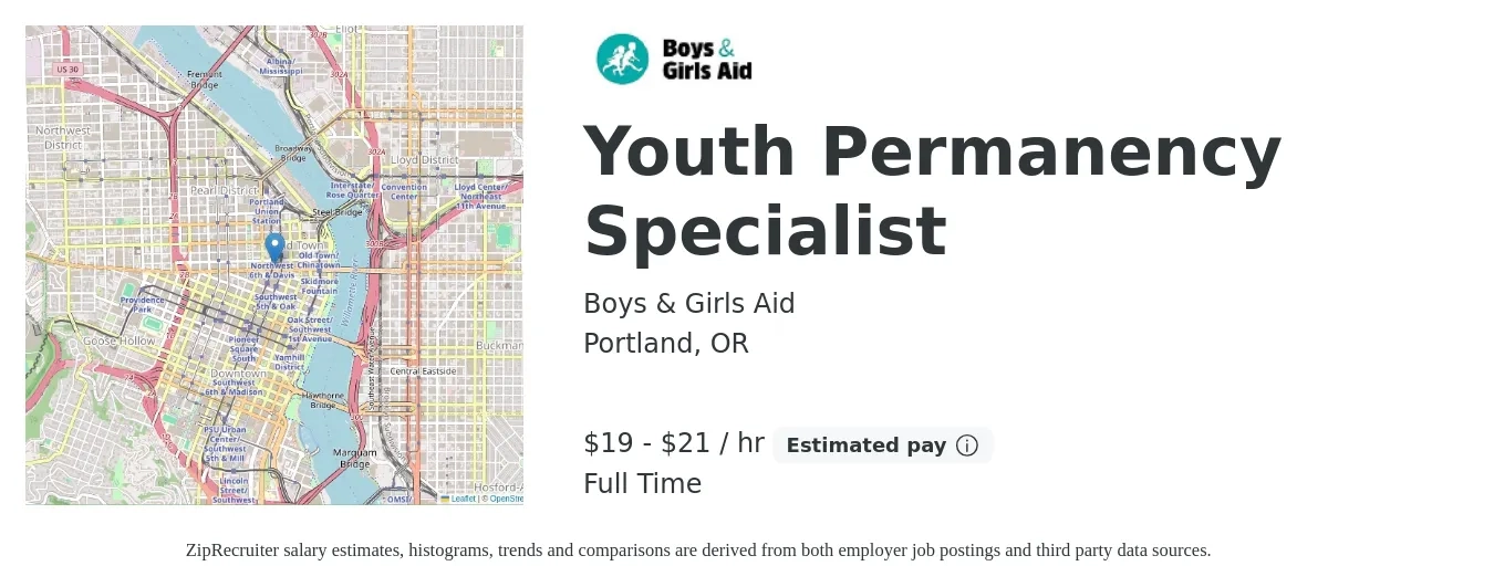Boys & Girls Aid job posting for a Youth Permanency Specialist in Portland, OR with a salary of $21 to $22 Hourly with a map of Portland location.