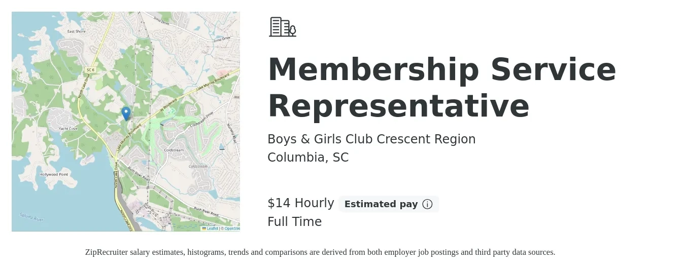 Boys & Girls Club Crescent Region job posting for a Membership Service Representative in Columbia, SC with a salary of $15 Hourly with a map of Columbia location.
