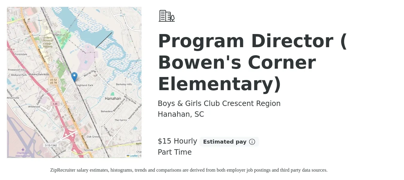 Boys & Girls Club Crescent Region job posting for a Program Director ( Bowen's Corner Elementary) in Hanahan, SC with a salary of $16 Hourly with a map of Hanahan location.