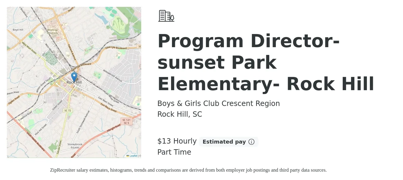 Boys & Girls Club Crescent Region job posting for a Program Director-sunset Park Elementary- Rock Hill in Rock Hill, SC with a salary of $14 Hourly with a map of Rock Hill location.