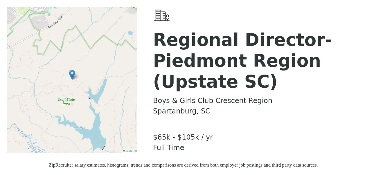 Boys & Girls Club Crescent Region job posting for a Regional Director-Piedmont Region (Upstate SC) in Spartanburg, SC with a salary of $65,000 to $105,000 Yearly with a map of Spartanburg location.