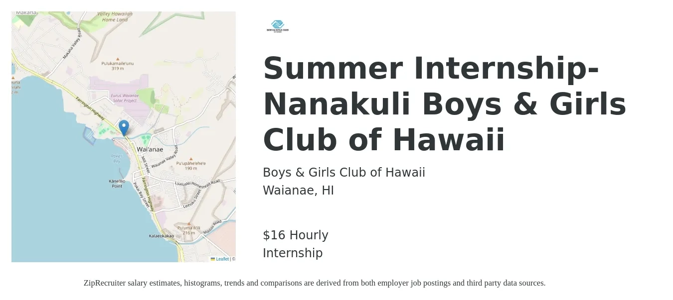 Boys & Girls Club of Hawaii job posting for a Summer Internship-Nanakuli Boys & Girls Club of Hawaii in Waianae, HI with a salary of $17 Hourly with a map of Waianae location.