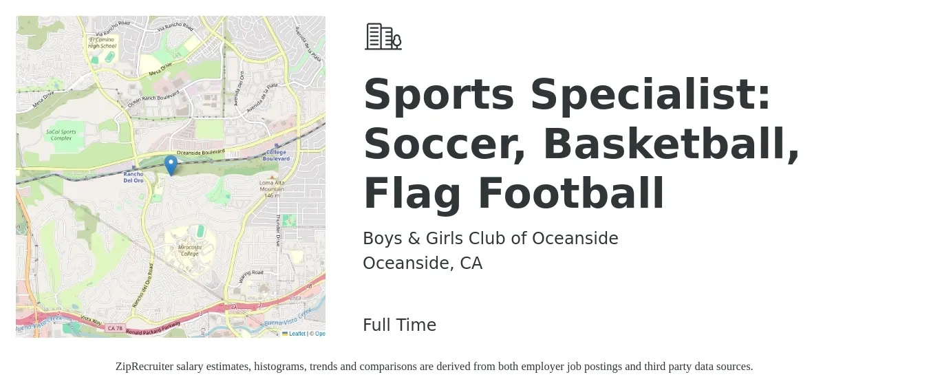 Boys & Girls Club of Oceanside job posting for a Sports Specialist: Soccer, Basketball, Flag Football in Oceanside, CA with a salary of $40,700 to $59,300 Yearly with a map of Oceanside location.
