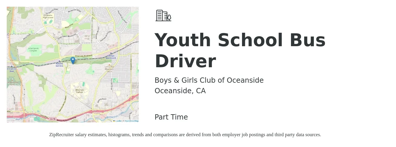 Boys & Girls Club of Oceanside job posting for a Youth School Bus Driver in Oceanside, CA with a salary of $30 to $32 Hourly with a map of Oceanside location.