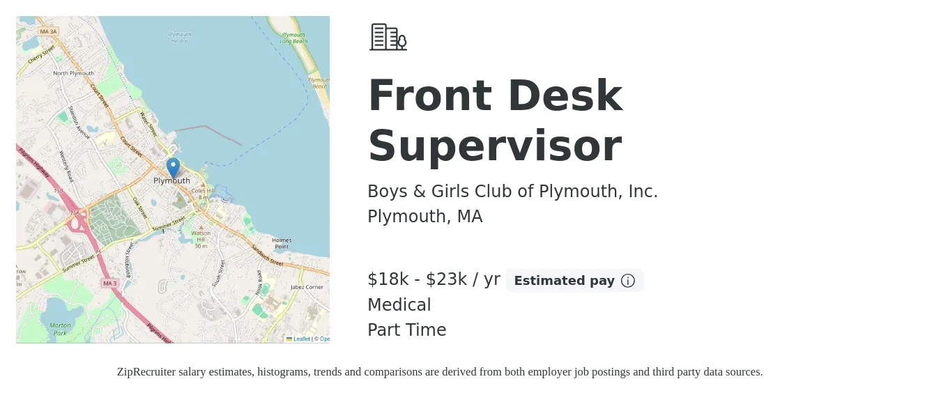 Boys & Girls Club of Plymouth, Inc. job posting for a Front Desk Supervisor in Plymouth, MA with a salary of $18,250 to $23,000 Yearly and benefits including medical, and retirement with a map of Plymouth location.