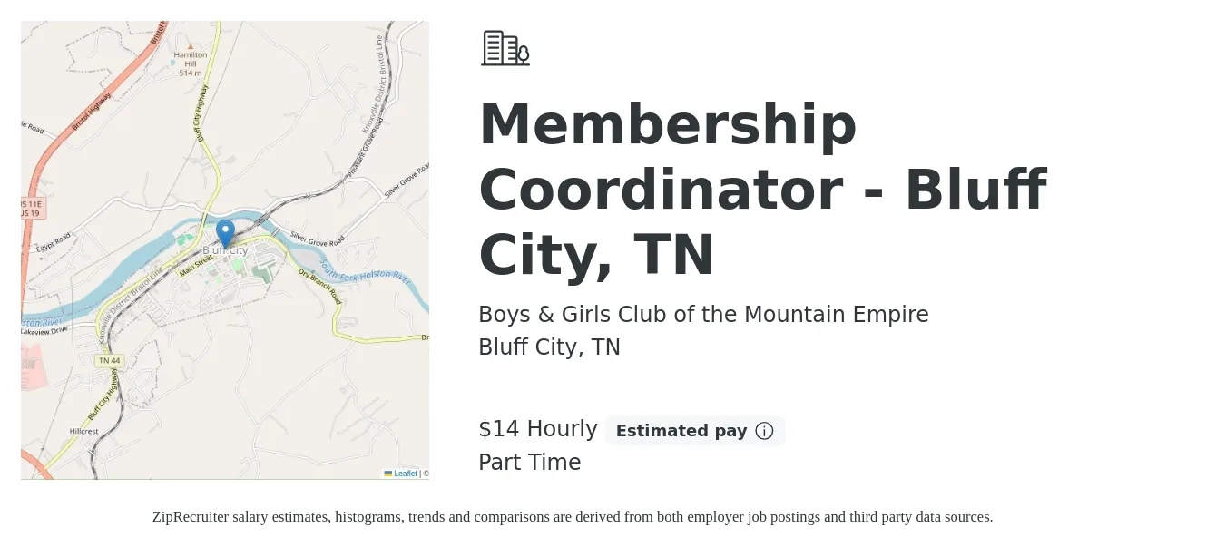 Boys & Girls Club of the Mountain Empire job posting for a Membership Coordinator - Bluff City, TN in Bluff City, TN with a salary of $14 to $19 Hourly with a map of Bluff City location.