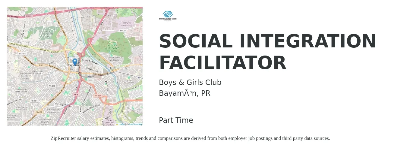 Boys & Girls Club job posting for a SOCIAL INTEGRATION FACILITATOR in Bayamón, PR with a salary of $16 to $25 Hourly with a map of Bayamón location.