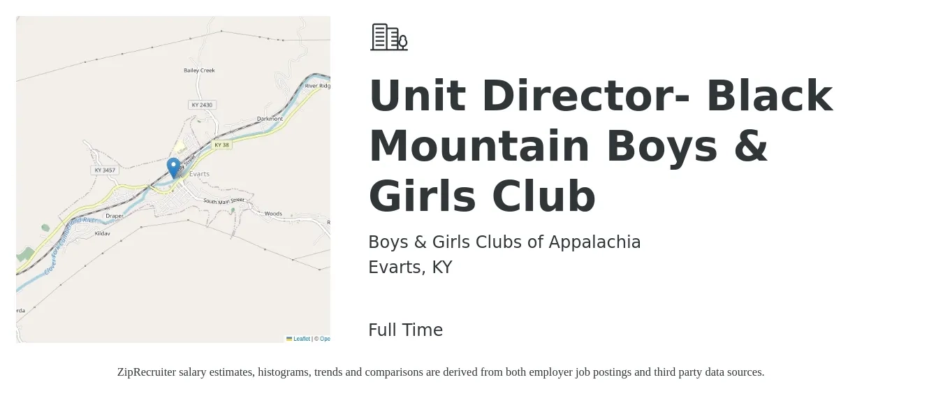 Boys & Girls Clubs of Appalachia job posting for a Unit Director- Black Mountain Boys & Girls Club in Evarts, KY with a salary of $35,568 Yearly with a map of Evarts location.