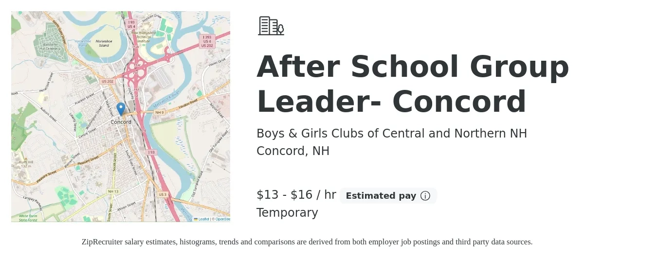 Boys & Girls Clubs of Central and Northern NH job posting for a After School Group Leader- Concord in Concord, NH with a salary of $14 to $17 Hourly with a map of Concord location.