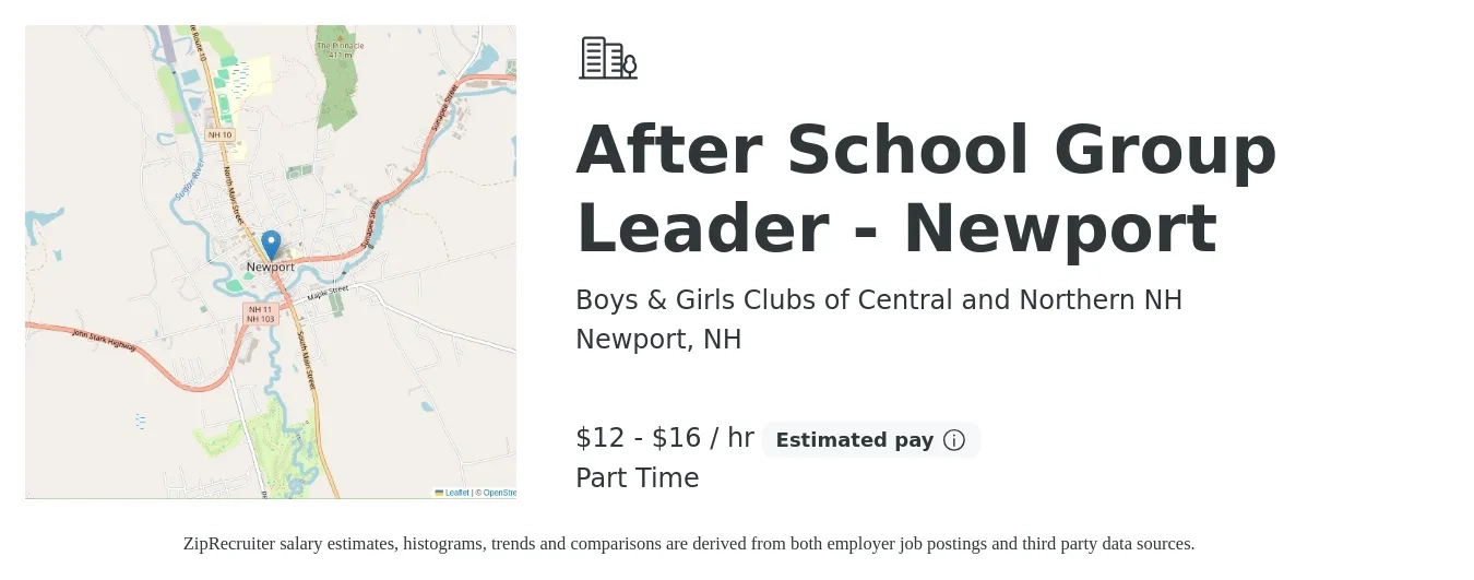 Boys & Girls Clubs of Central and Northern NH job posting for a After School Group Leader - Newport in Newport, NH with a salary of $13 to $17 Hourly with a map of Newport location.