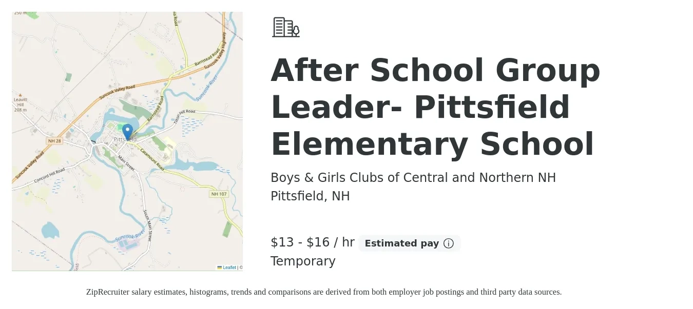 Boys & Girls Clubs of Central and Northern NH job posting for a After School Group Leader- Pittsfield Elementary School in Pittsfield, NH with a salary of $14 to $17 Hourly with a map of Pittsfield location.
