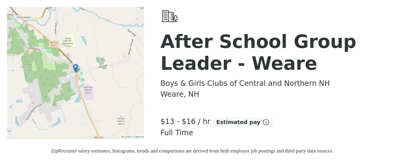 Boys & Girls Clubs of Central and Northern NH job posting for a After School Group Leader - Weare in Weare, NH with a salary of $14 to $17 Hourly with a map of Weare location.