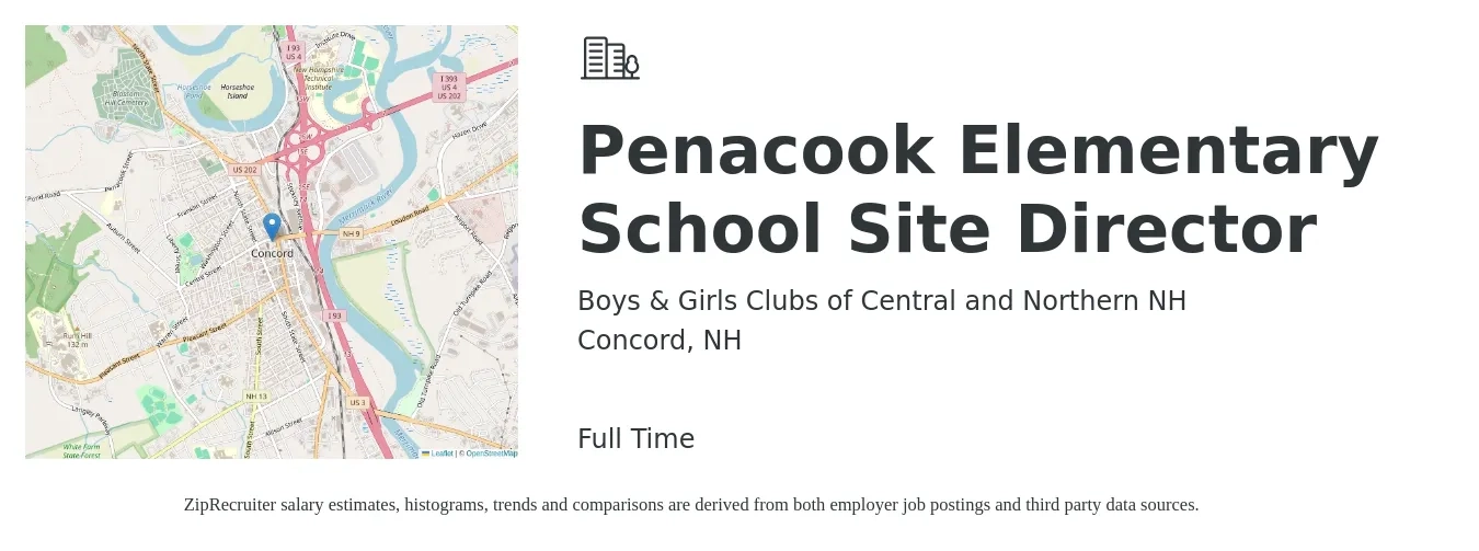 Boys & Girls Clubs of Central and Northern NH job posting for a Penacook Elementary School Site Director in Concord, NH with a salary of $18 to $30 Hourly with a map of Concord location.