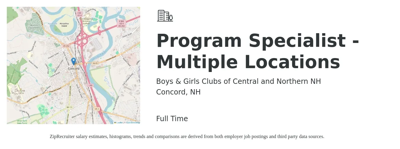 Boys & Girls Clubs of Central and Northern NH job posting for a Program Specialist - Multiple Locations in Concord, NH with a salary of $50,300 to $79,500 Yearly with a map of Concord location.