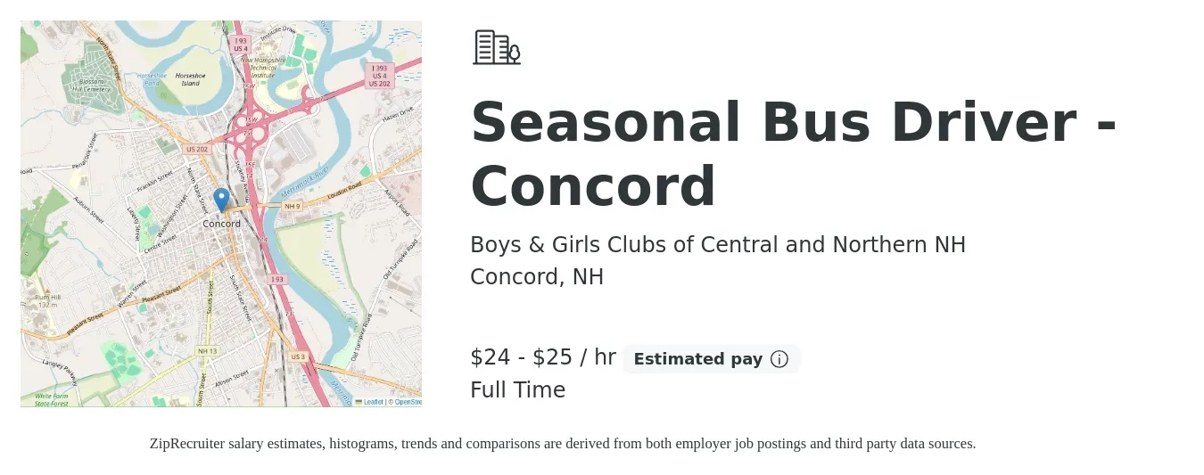 Boys & Girls Clubs of Central and Northern NH job posting for a Seasonal Bus Driver - Concord in Concord, NH with a salary of $25 to $26 Hourly with a map of Concord location.